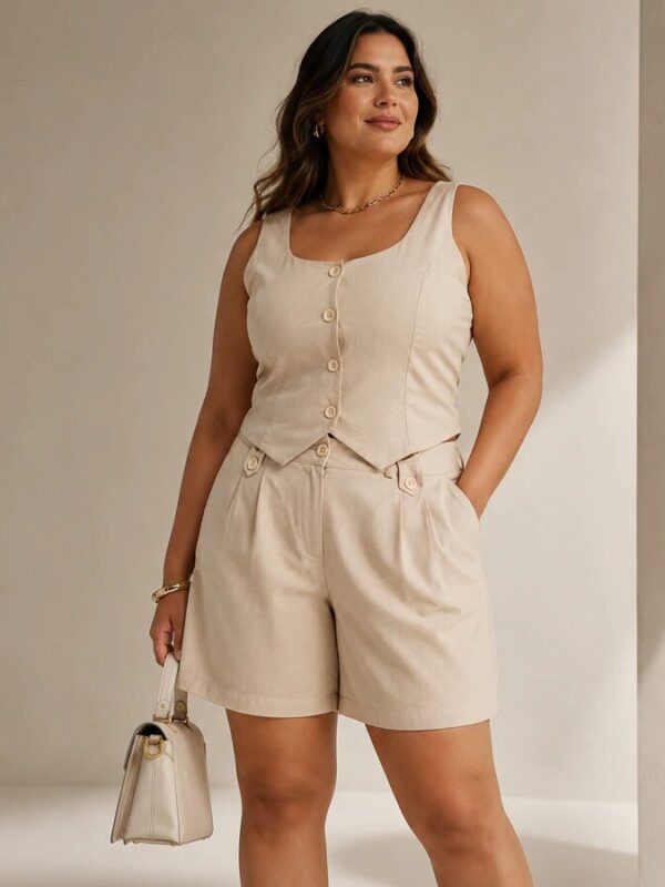Conjunto Feminino Colete e Short em Marrant Gola Redonda Plus