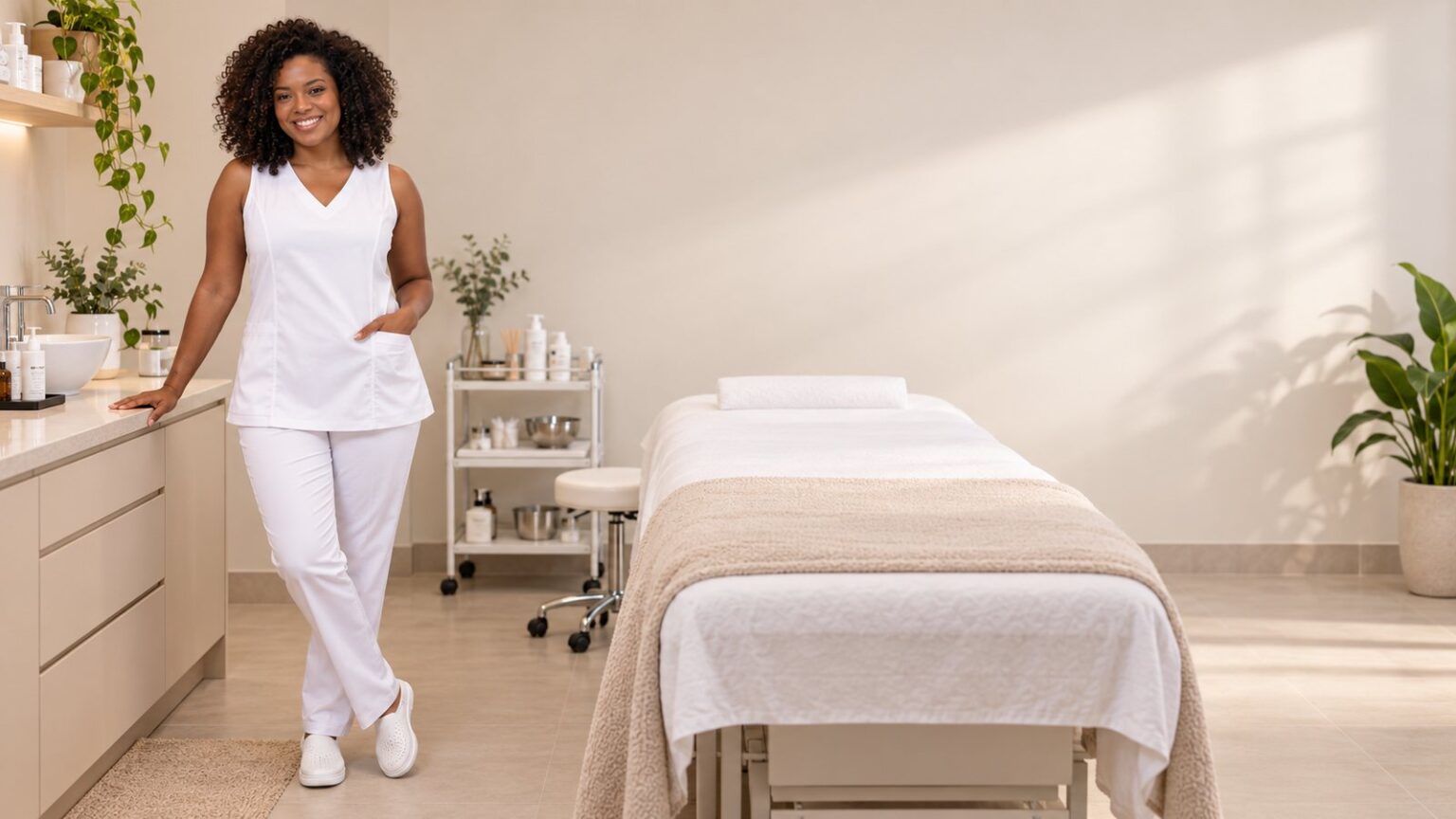 Esteticista vestindo bata regata branca e calça branca DBranco em clínica de estética