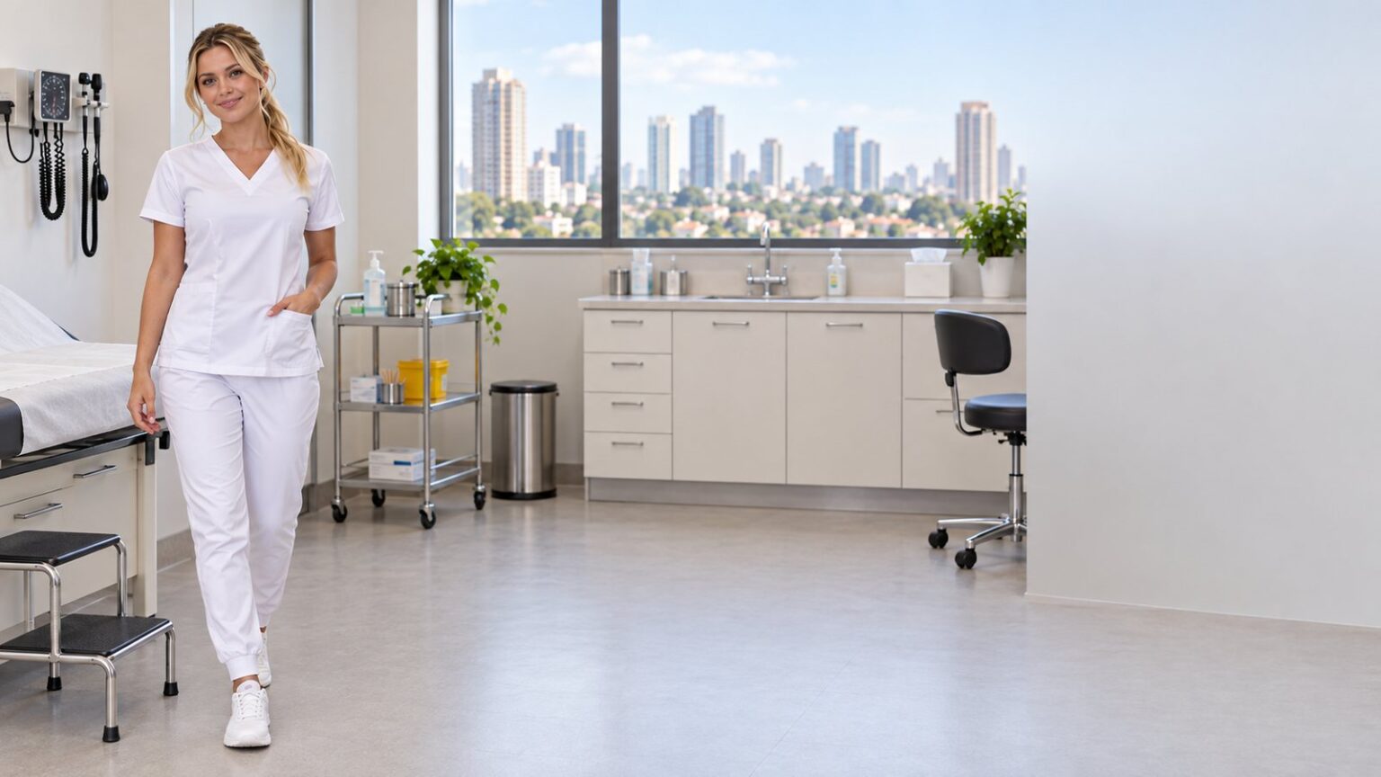 Enfermeira vestindo pijama cirúrgico branco DBranco em consultório